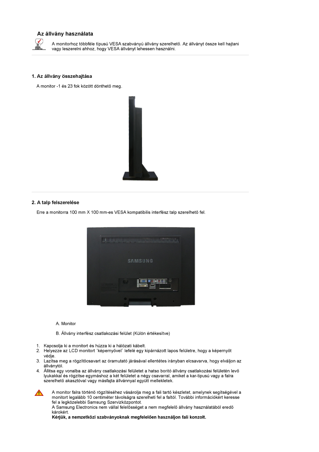 Samsung LS22CRASB6/EDC, LS22CRASB/EDC manual Az állvány összehajtása, Talp felszerelése 