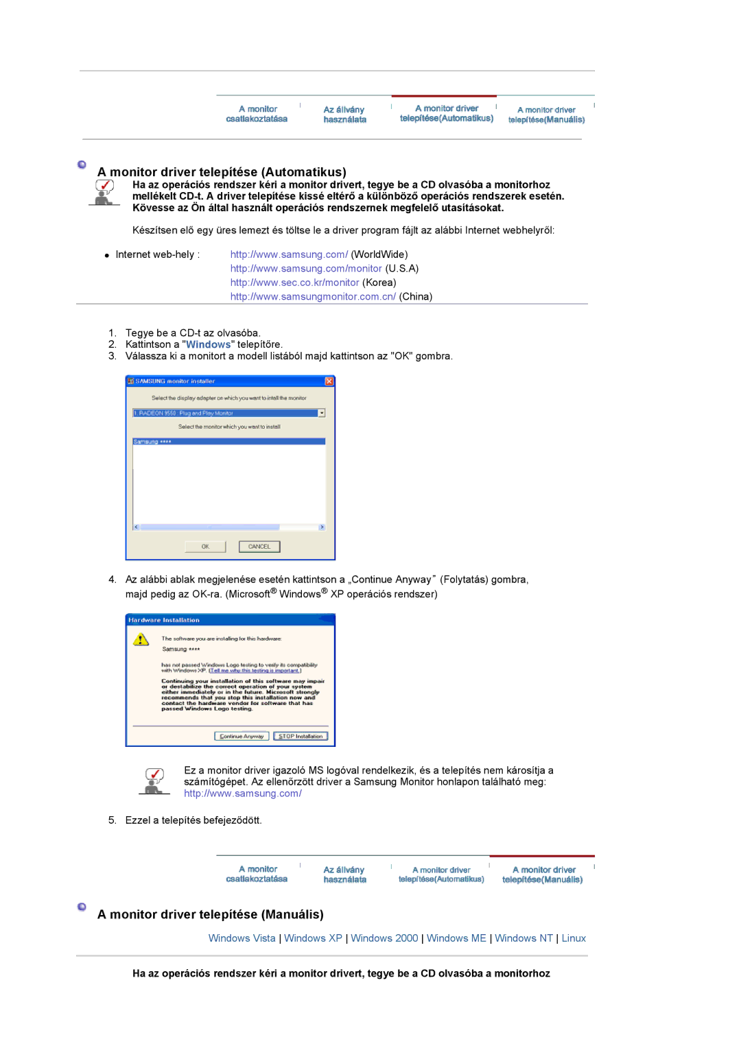 Samsung LS22CRASB/EDC, LS22CRASB6/EDC manual Monitor driver telepítése Automatikus 