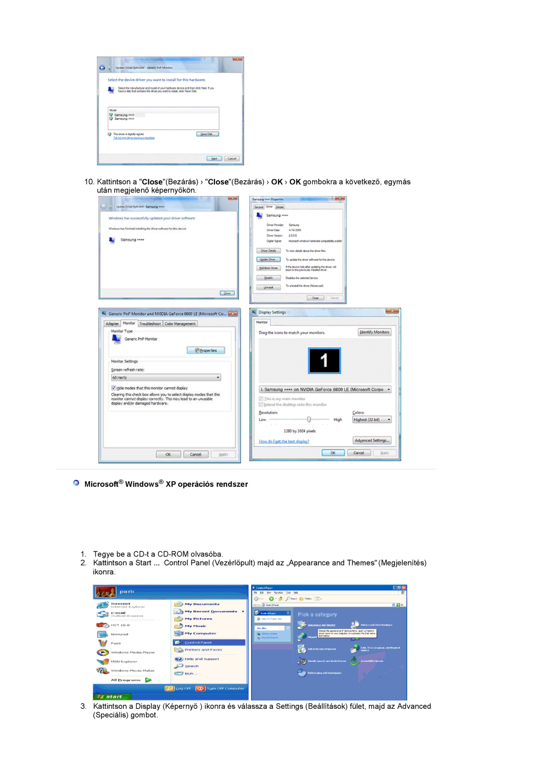 Samsung LS22CRASB6/EDC, LS22CRASB/EDC manual Microsoft Windows XP operációs rendszer 