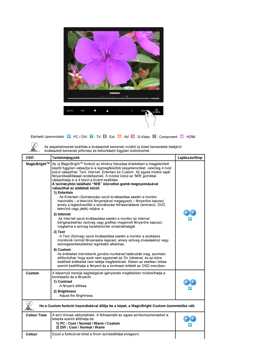 Samsung LS22CRASB6/EDC, LS22CRASB/EDC manual OSD TartalomjegyzékLejátszás/Stop, Internet, Text, Custom, Contrast, Brightness 