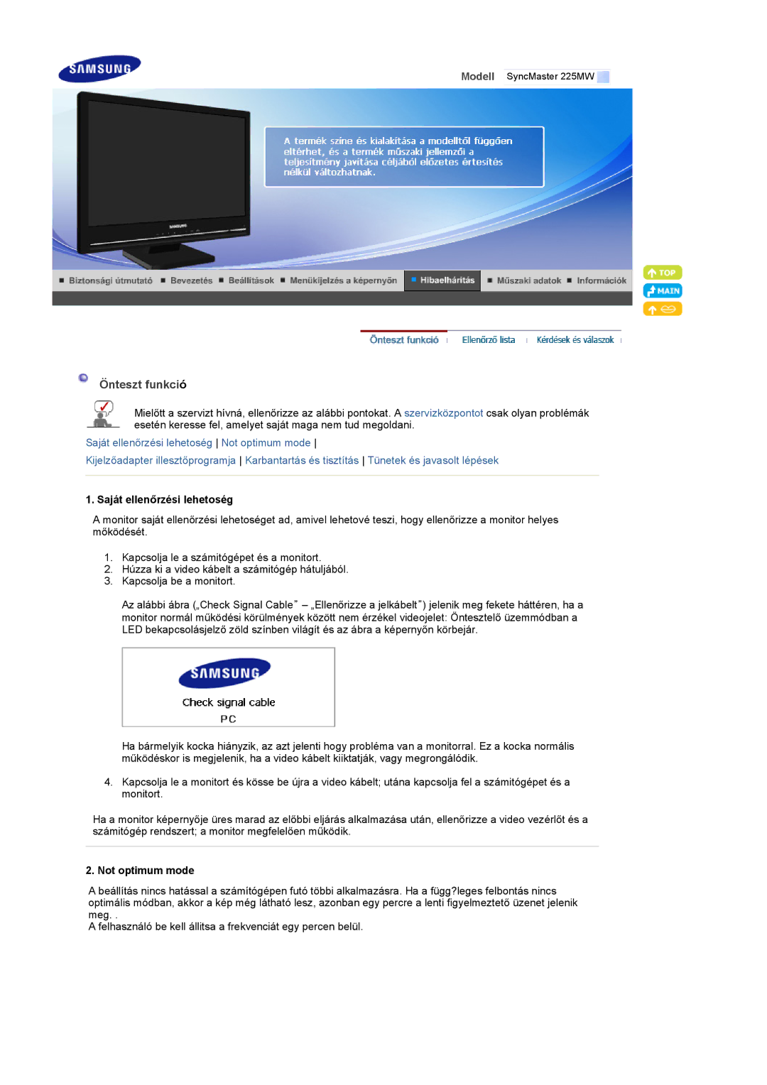 Samsung LS22CRASB/EDC, LS22CRASB6/EDC manual Önteszt funkció, Saját ellenőrzési lehetoség, Not optimum mode 