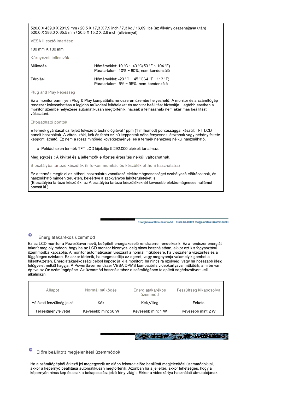 Samsung LS22CRASB/EDC, LS22CRASB6/EDC manual Energiatakarékos üzemmód, Előre beállított megjelenítési üzemmódok 