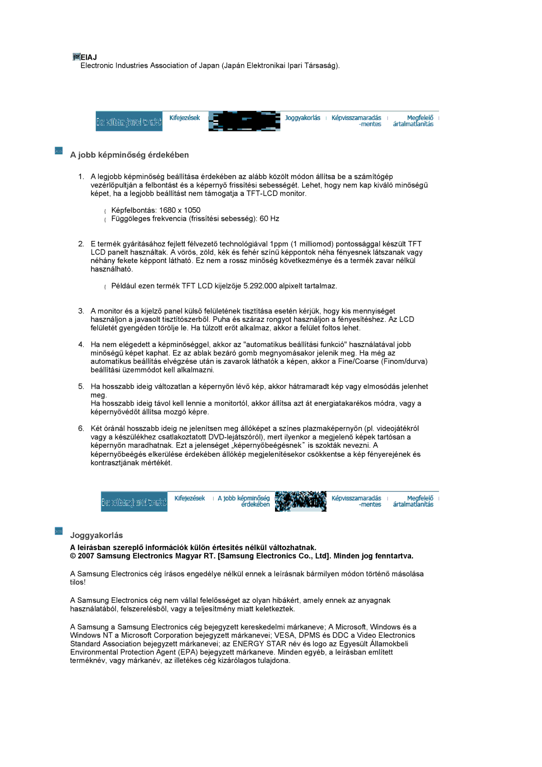 Samsung LS22CRASB/EDC, LS22CRASB6/EDC manual Jobb képminőség érdekében, Joggyakorlás, Eiaj 