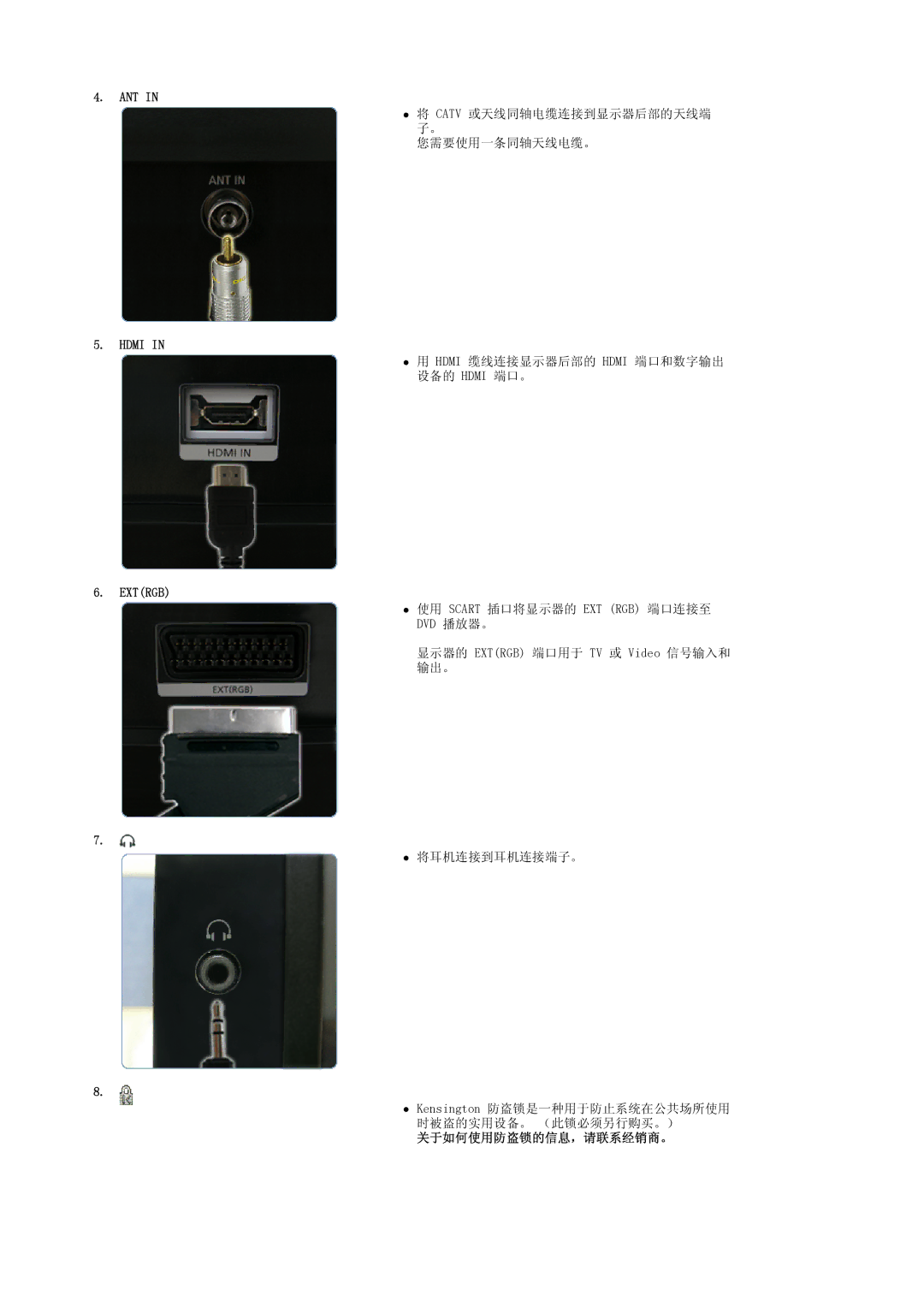 Samsung LS22CRASB/EDC, LS22CRASB6/EDC manual Ant, Hdmi, Extrgb, 关于如何使用防盗锁的信息，请联系经销商。 