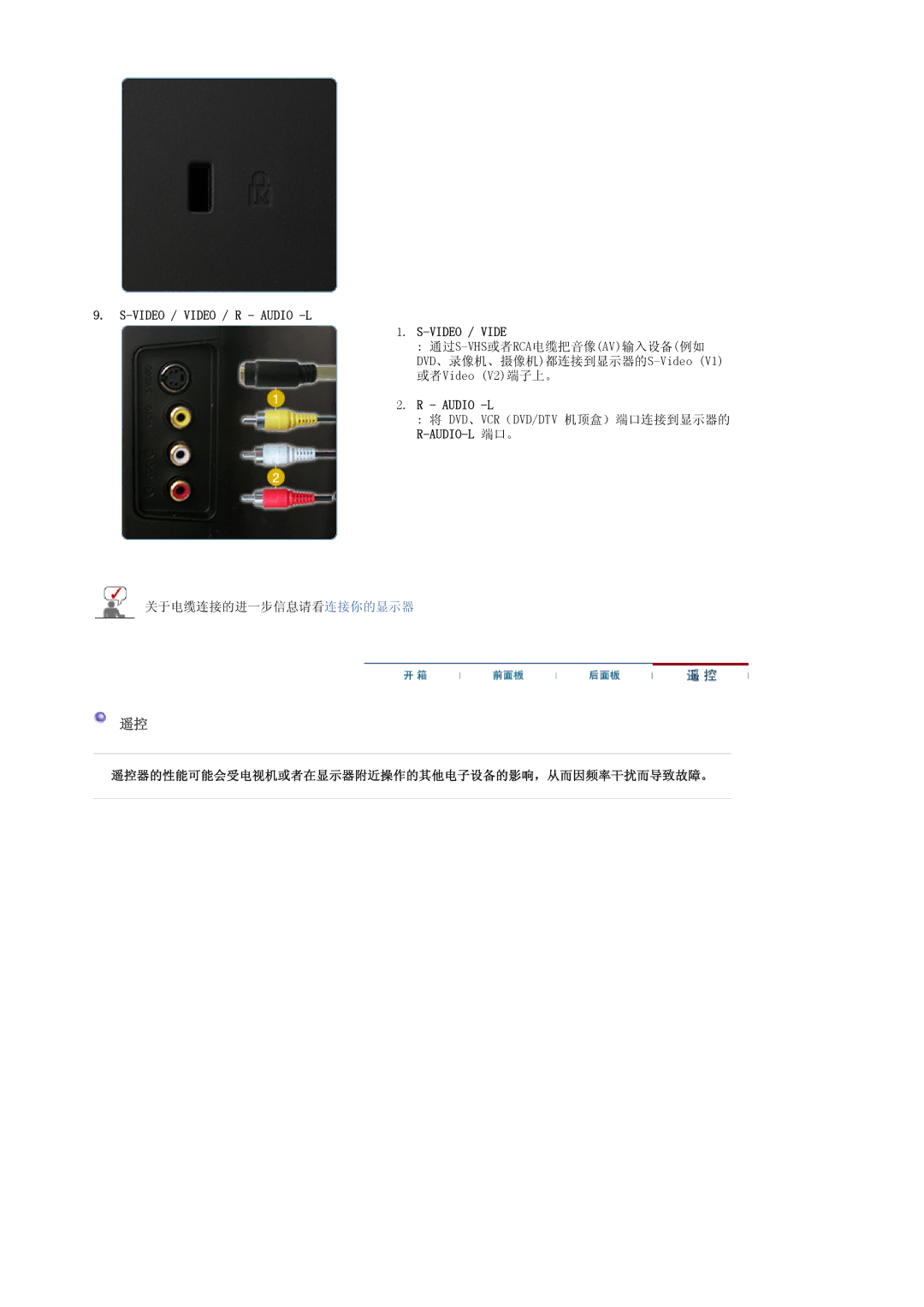 Samsung LS22CRASB6/EDC, LS22CRASB/EDC manual Video / Video / R Audio -L, 遥控器的性能可能会受电视机或者在显示器附近操作的其他电子设备的影响，从而因频率干扰而导致故障。 