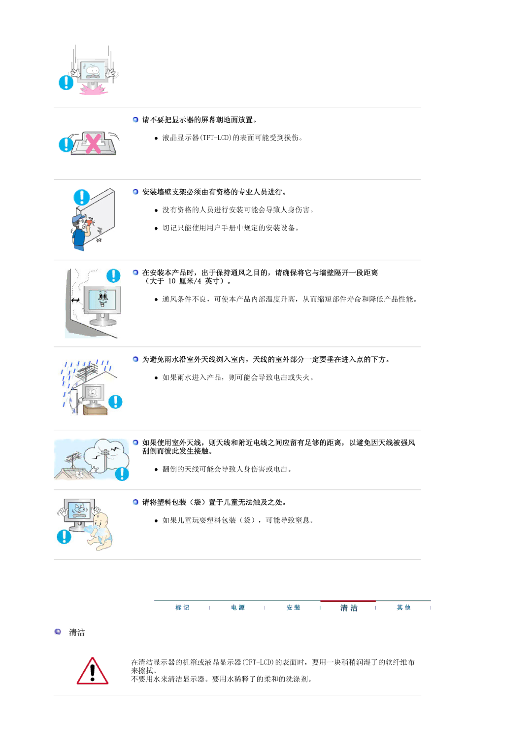 Samsung LS22CRASB6/EDC 请不要把显示器的屏幕朝地面放置。, 安装墙壁支架必须由有资格的专业人员进行。, 为避免雨水沿室外天线浏入室内，天线的室外部分一定要垂在进入点的下方。, 请将塑料包装（袋）置于儿童无法触及之处。 