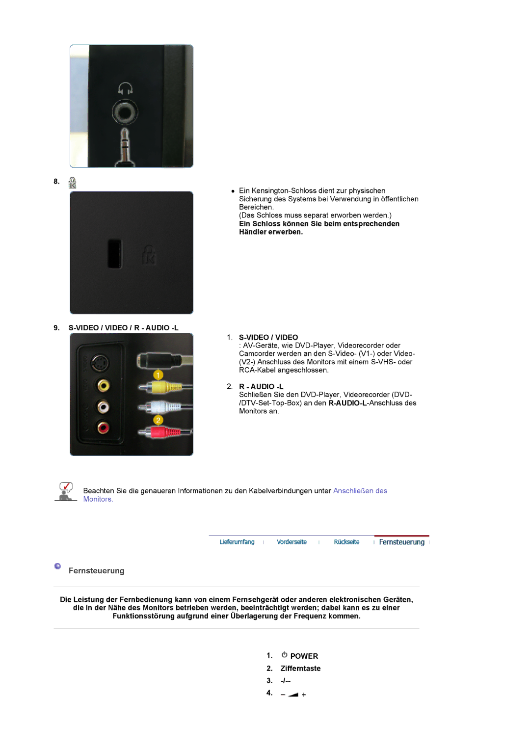 Samsung LS22CRASB/EDC manual Fernsteuerung, Ein Schloss können Sie beim entsprechenden Händler erwerben, Audio -L 