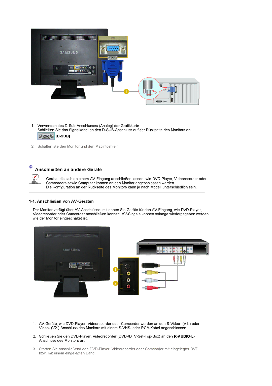 Samsung LS22CRASB/EDC manual Anschließen von AV-Geräten, Sub 