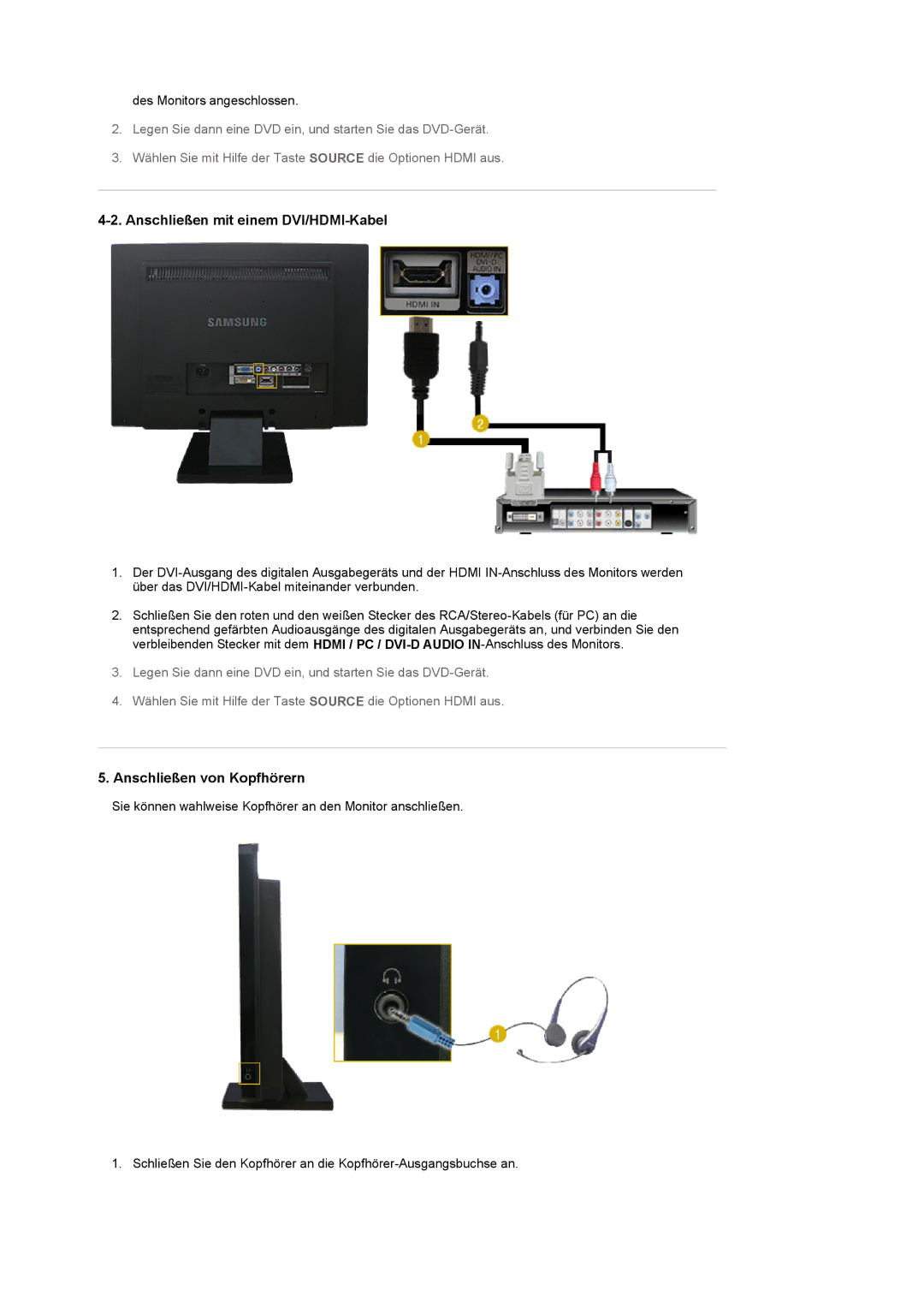 Samsung LS22CRASB/EDC manual Anschließen mit einem DVI/HDMI-Kabel, Anschließen von Kopfhörern 