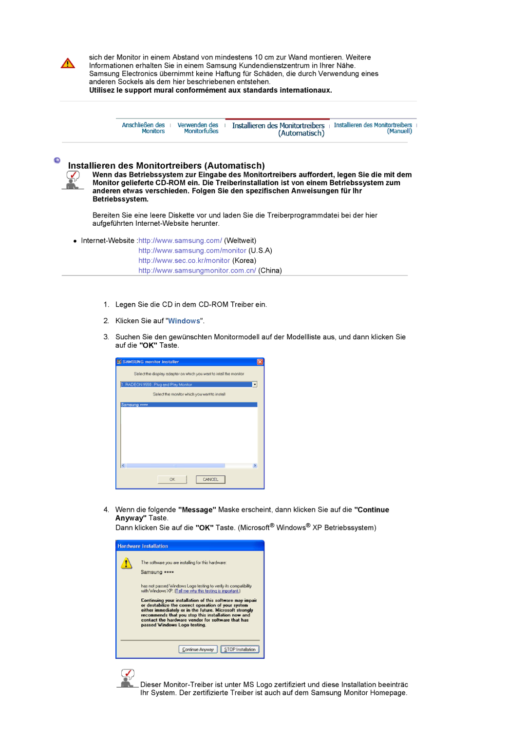 Samsung LS22CRASB/EDC manual Installieren des Monitortreibers Automatisch 