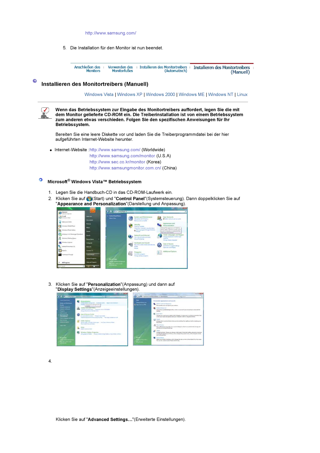 Samsung LS22CRASB/EDC manual Installieren des Monitortreibers Manuell, Microsoft Windows Vista Betriebssystem 