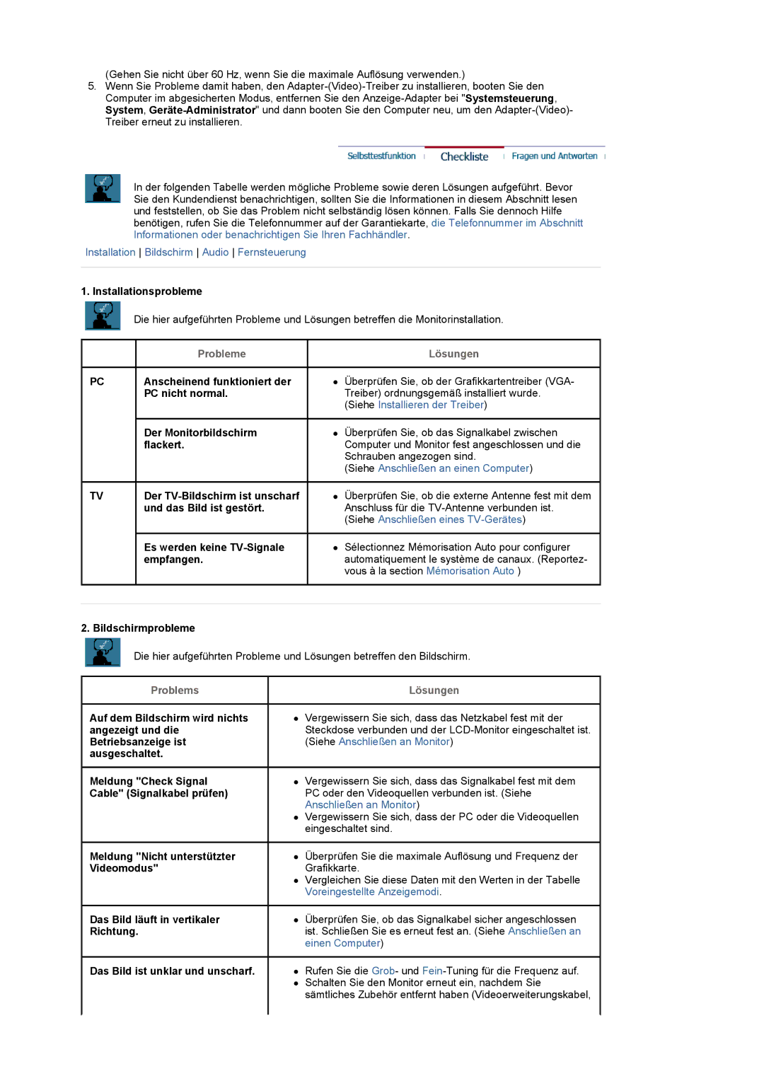 Samsung LS22CRASB/EDC manual Probleme Lösungen, Problems Lösungen 