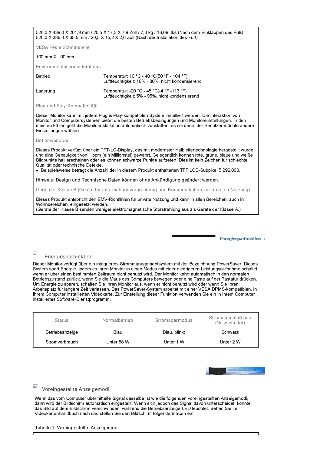 Samsung LS22CRASB/EDC manual Energiesparfunktion, Voreingestellte Anzeigemodi 