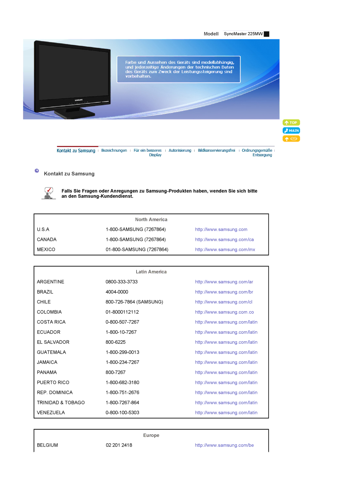 Samsung LS22CRASB/EDC manual Kontakt zu Samsung, North America, Latin America, Europe 