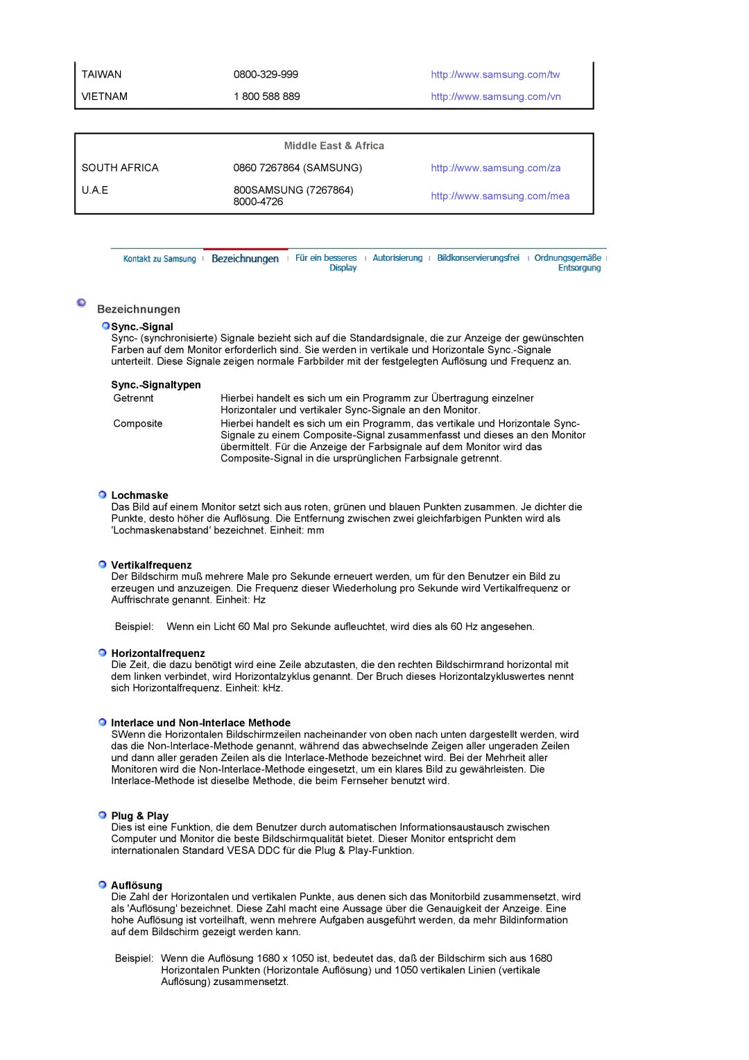 Samsung LS22CRASB/EDC manual Bezeichnungen, Middle East & Africa 