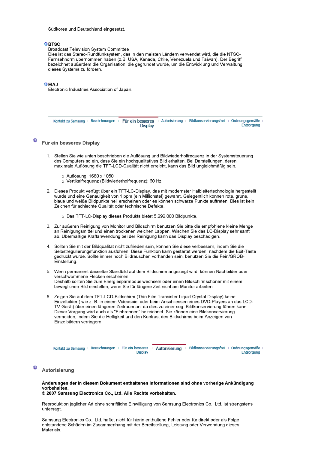 Samsung LS22CRASB/EDC manual Für ein besseres Display, Autorisierung, Btsc, Eiaj 
