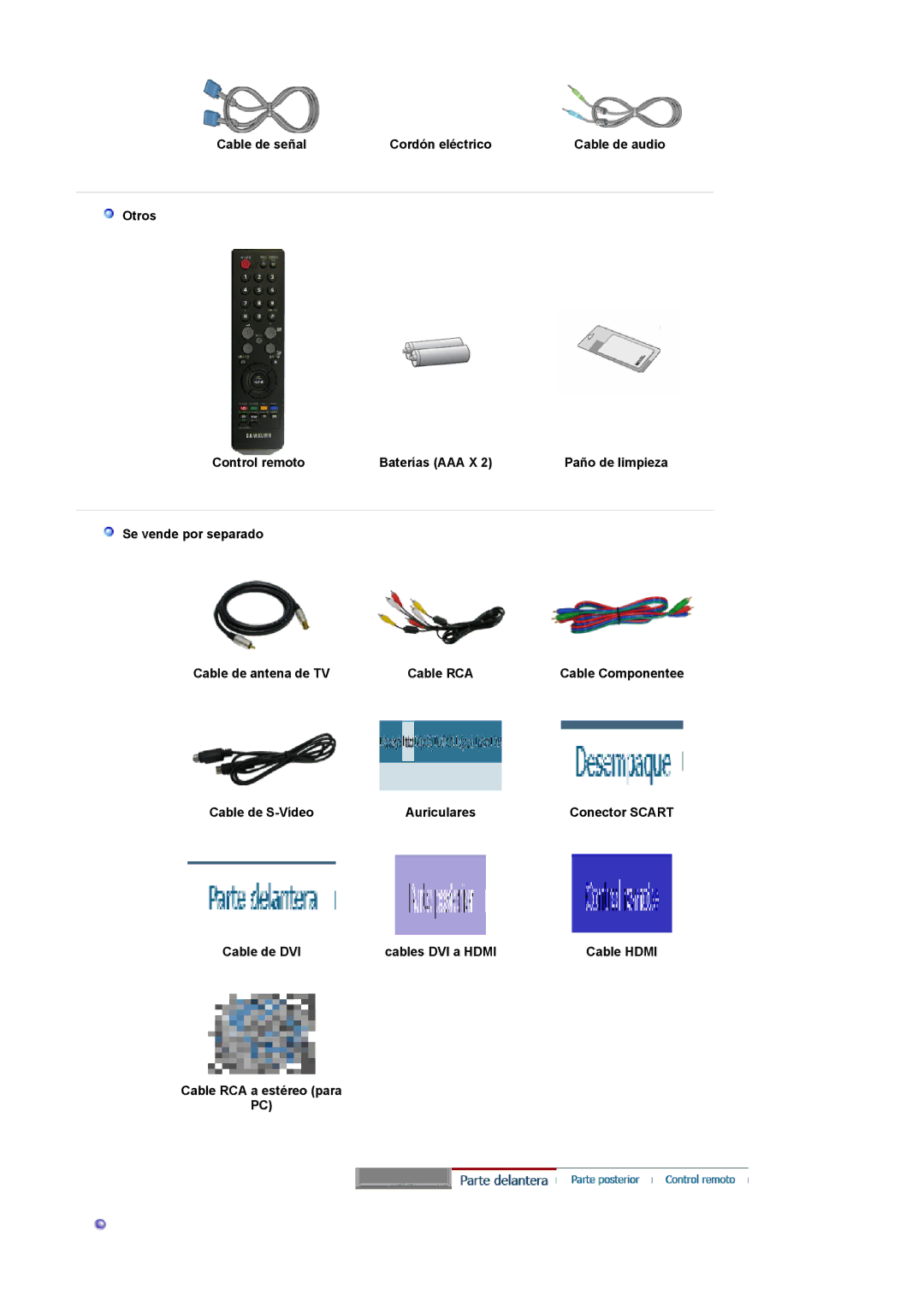 Samsung LS22CRASB/EDC manual Cable de señal Cordón eléctrico, Cable de S-Vídeo Auriculares 