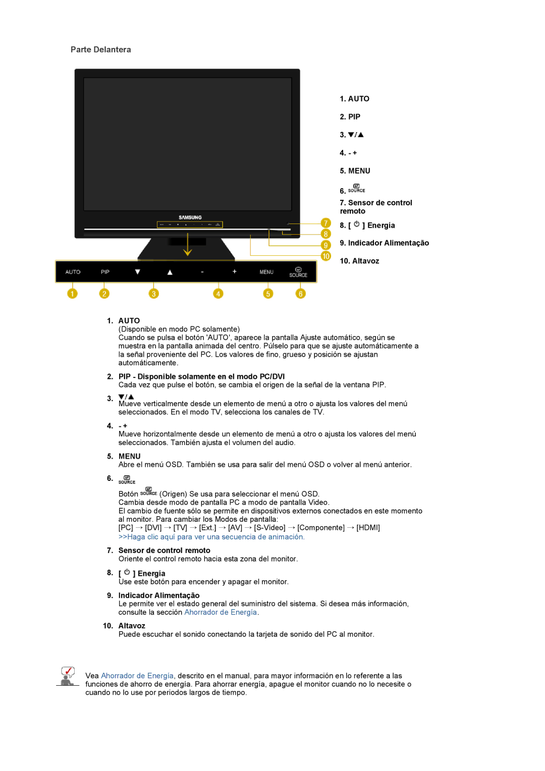 Samsung LS22CRASB/EDC manual Parte Delantera, Auto, Menu 