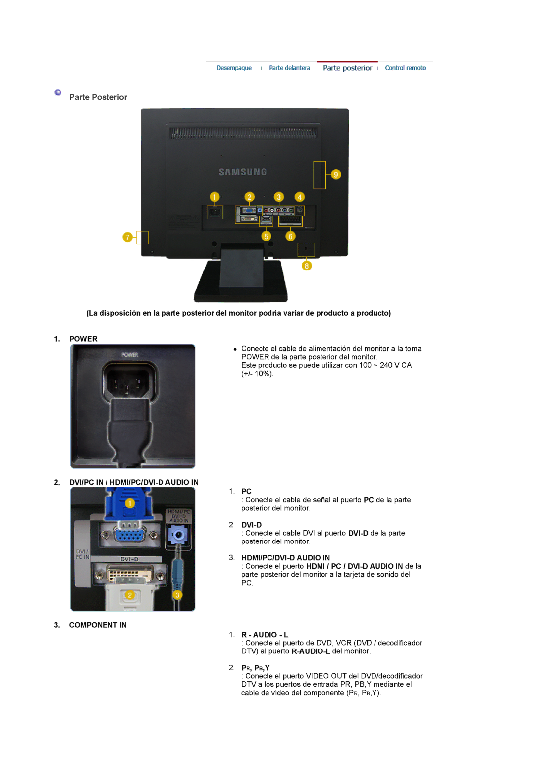 Samsung LS22CRASB/EDC manual Parte Posterior, Power, DVI/PC in / HDMI/PC/DVI-D Audio, Component 