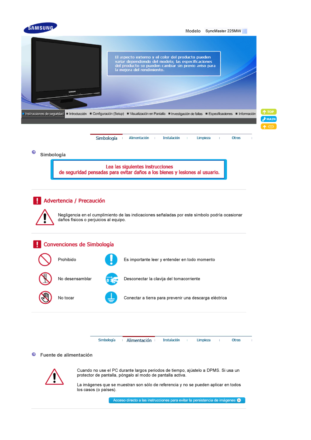 Samsung LS22CRASB/EDC manual Simbología, Fuente de alimentación 