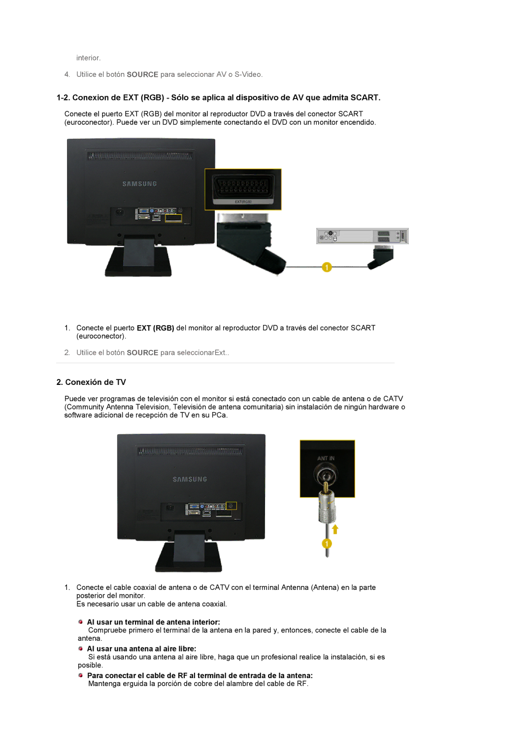 Samsung LS22CRASB/EDC manual Conexión de TV, Al usar un terminal de antena interior, Al usar una antena al aire libre 