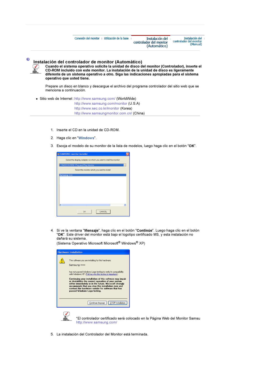 Samsung LS22CRASB/EDC manual Instalación del controlador de monitor Automático 