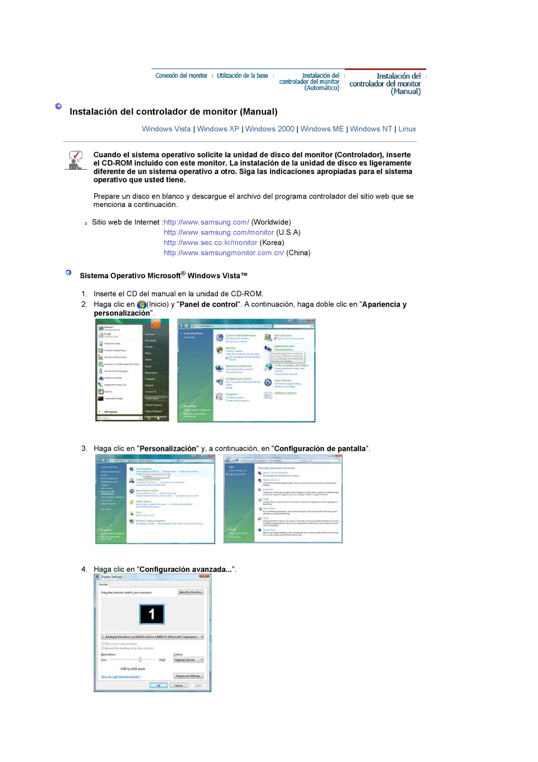 Samsung LS22CRASB/EDC manual Sistema Operativo Microsoft Windows Vista, Haga clic en Configuración avanzada 