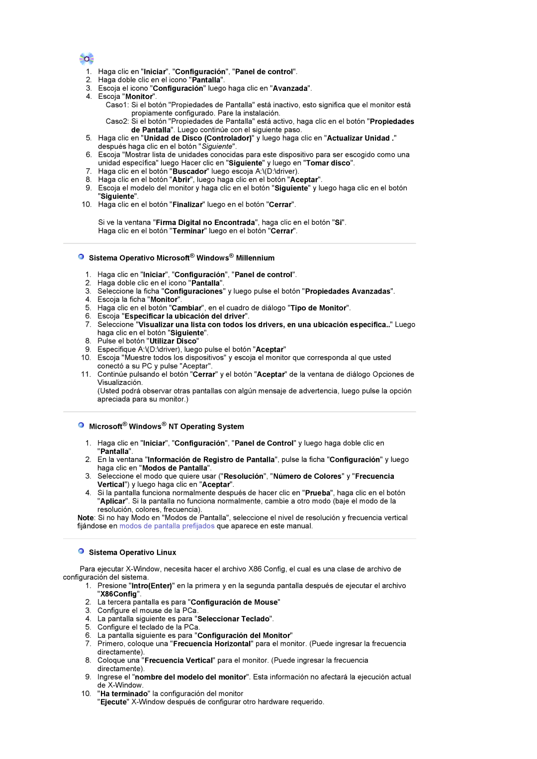 Samsung LS22CRASB/EDC manual Haga clic en Iniciar, Configuración, Panel de control, Microsoft Windows NT Operating System 