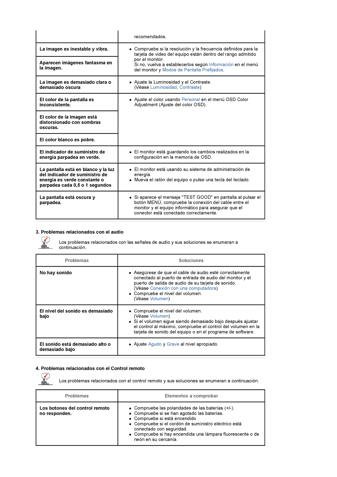 Samsung LS22CRASB/EDC manual Problemas relacionados con el audio, Problemas relacionados con el Control remoto 