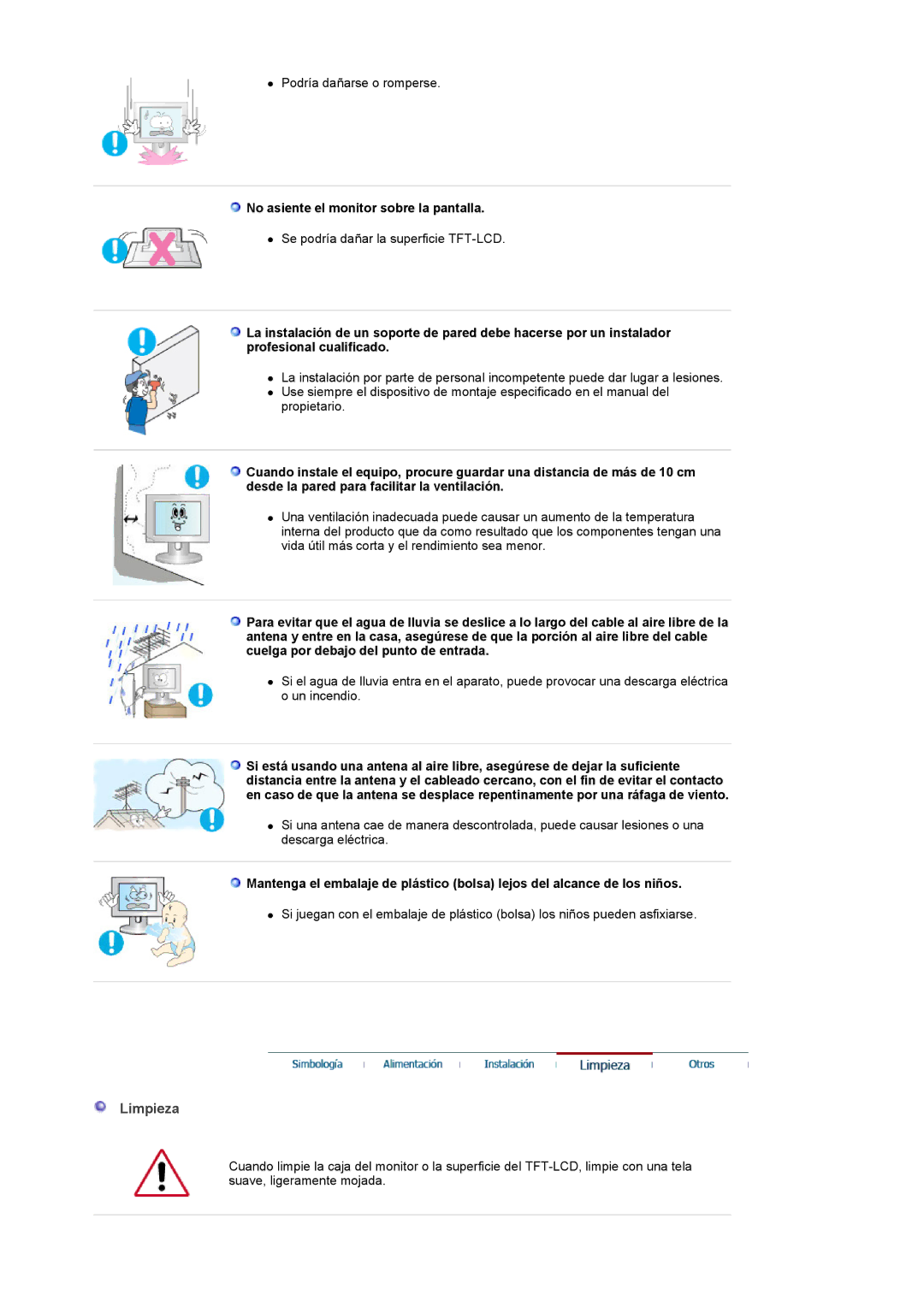 Samsung LS22CRASB/EDC manual Limpieza, No asiente el monitor sobre la pantalla 