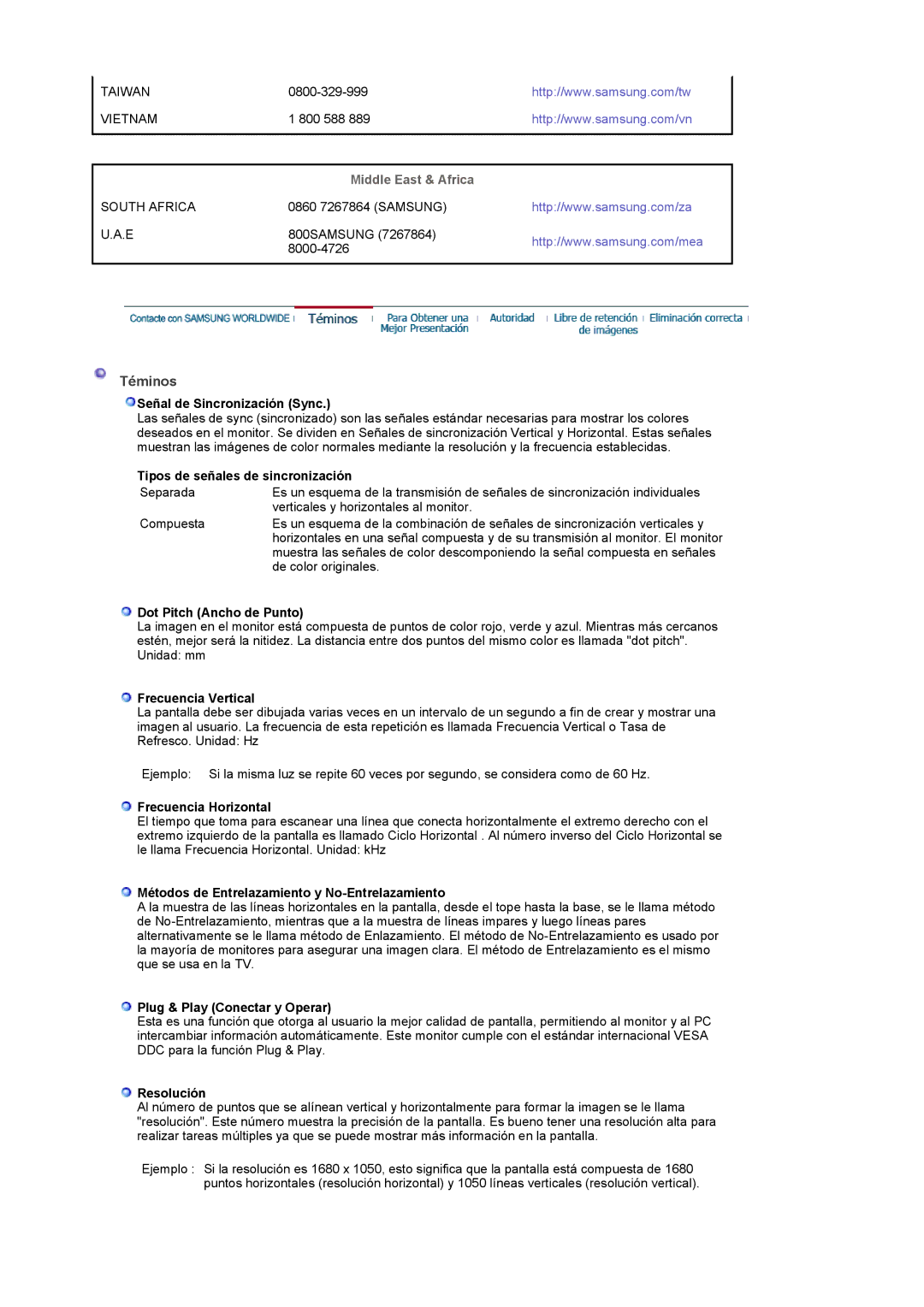 Samsung LS22CRASB/EDC manual Téminos, Middle East & Africa 