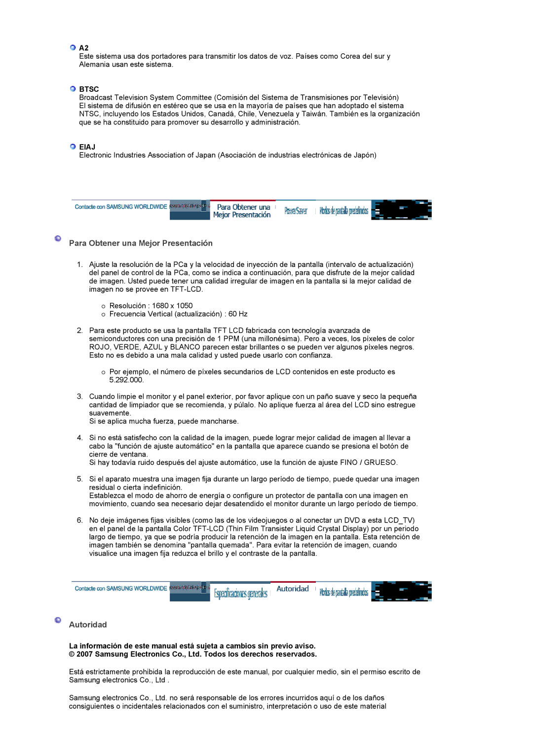 Samsung LS22CRASB/EDC manual Para Obtener una Mejor Presentación, Autoridad, Btsc, Eiaj 