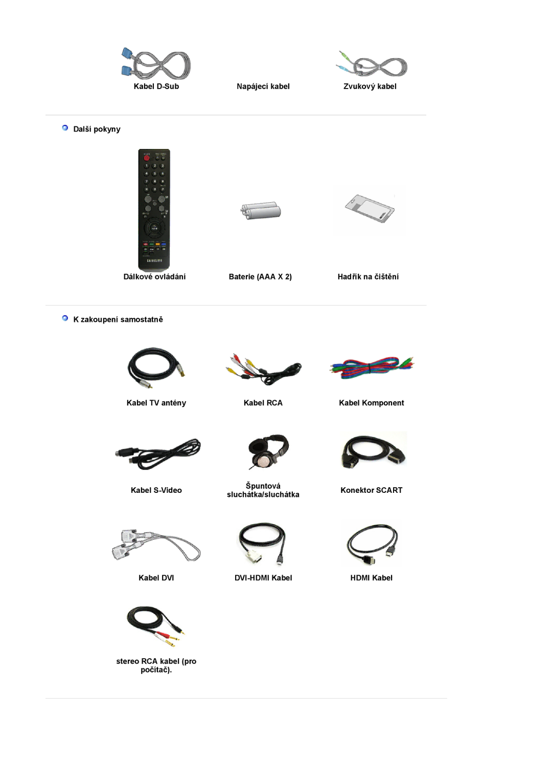 Samsung LS22CRASB/EDC manual Kabel D-Sub Napájecí kabel, Kabel S-Video 