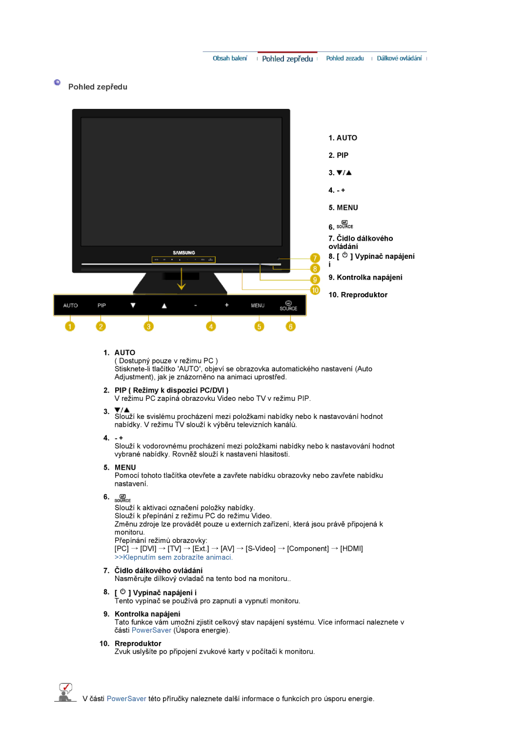 Samsung LS22CRASB/EDC manual Pohled zepředu, Auto, Menu 