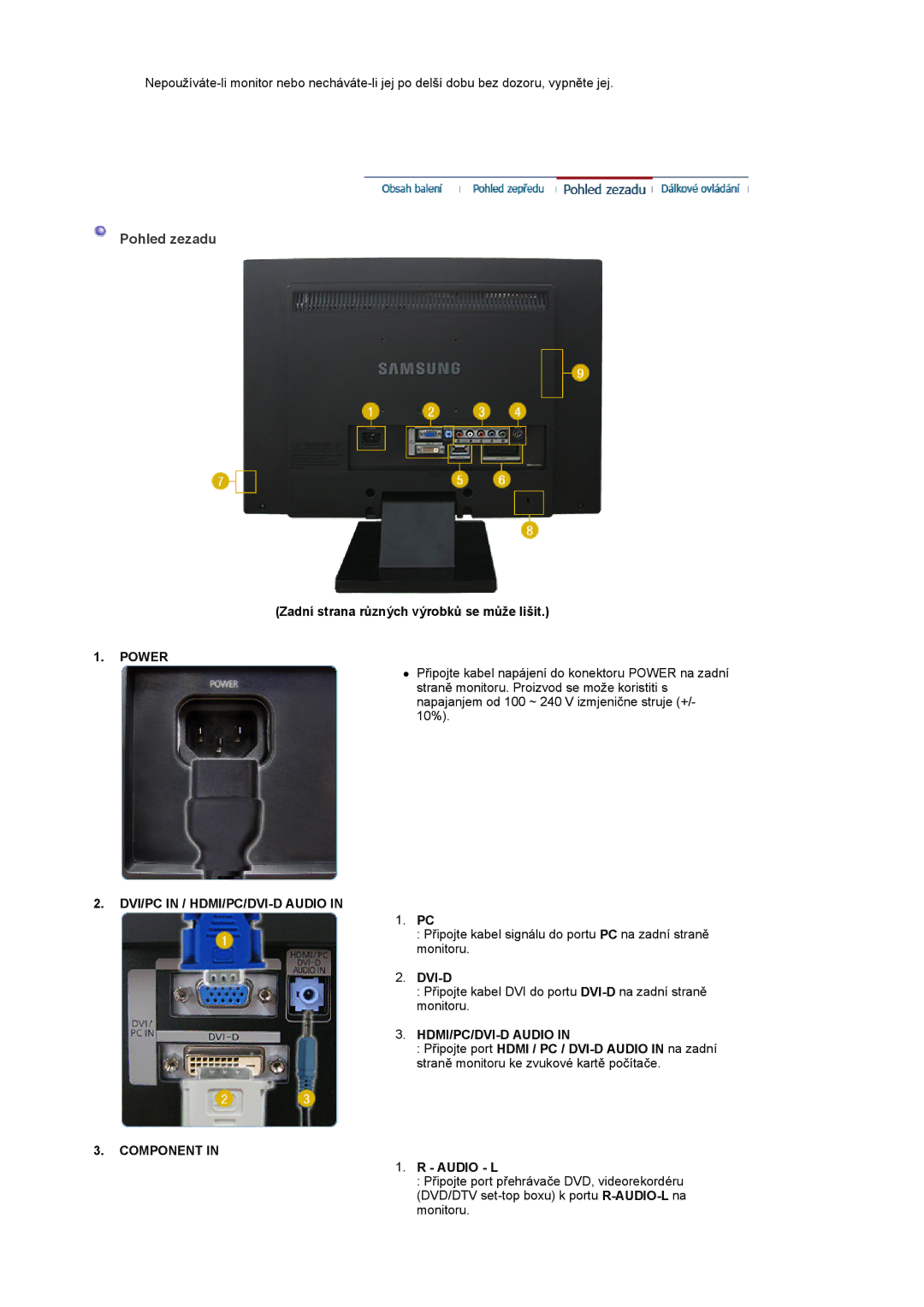 Samsung LS22CRASB/EDC manual Pohled zezadu, Power, DVI/PC in / HDMI/PC/DVI-D Audio, Component 