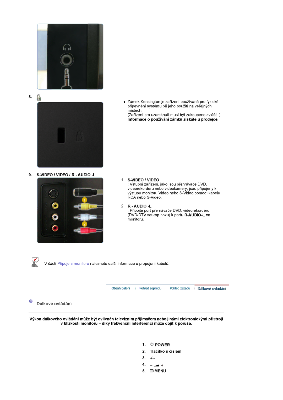 Samsung LS22CRASB/EDC manual Dálkové ovládání, Informace o používání zámku získáte u prodejce, Video / Video / R Audio -L 