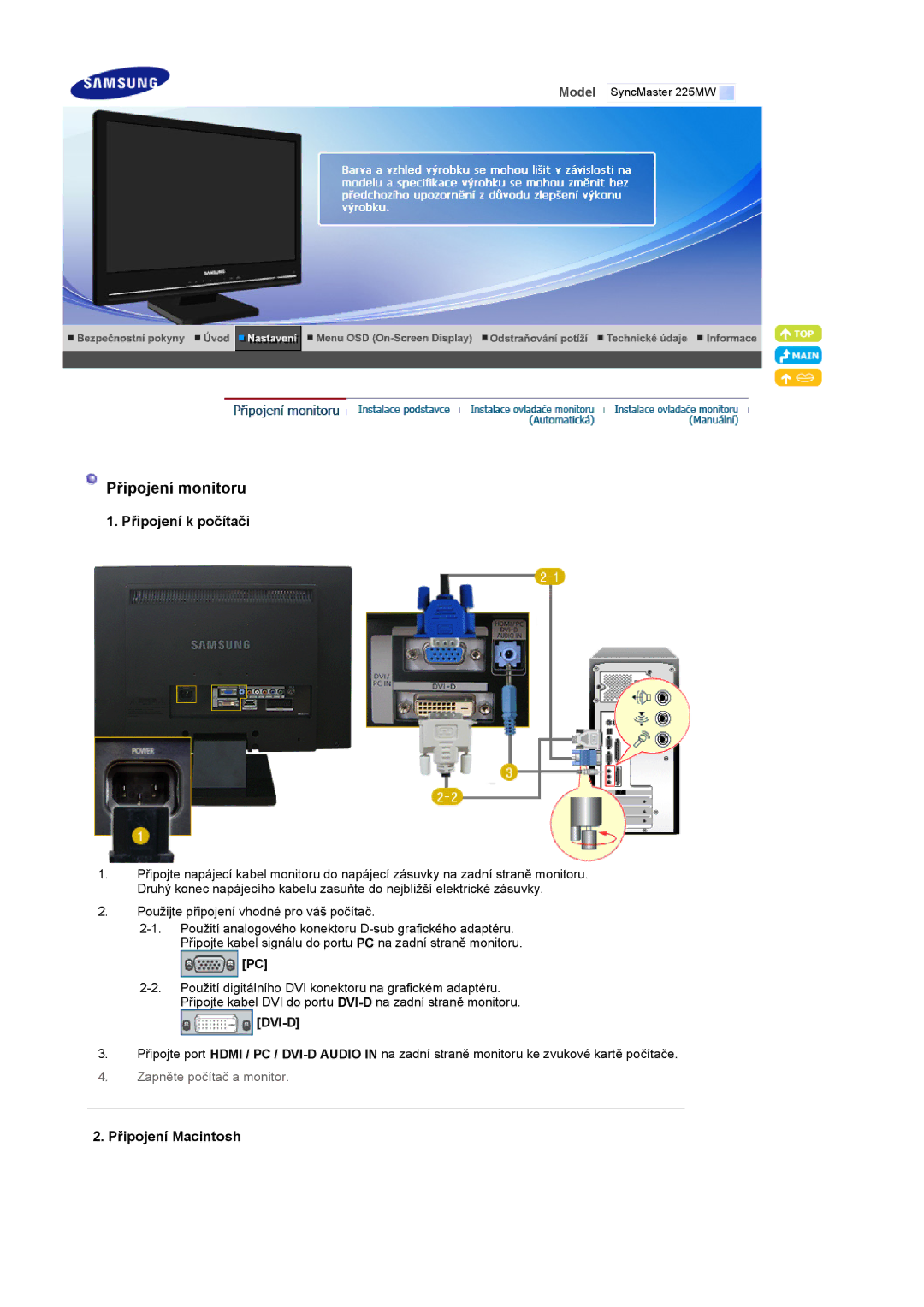 Samsung LS22CRASB/EDC manual Připojení k počítači, Připojení Macintosh 