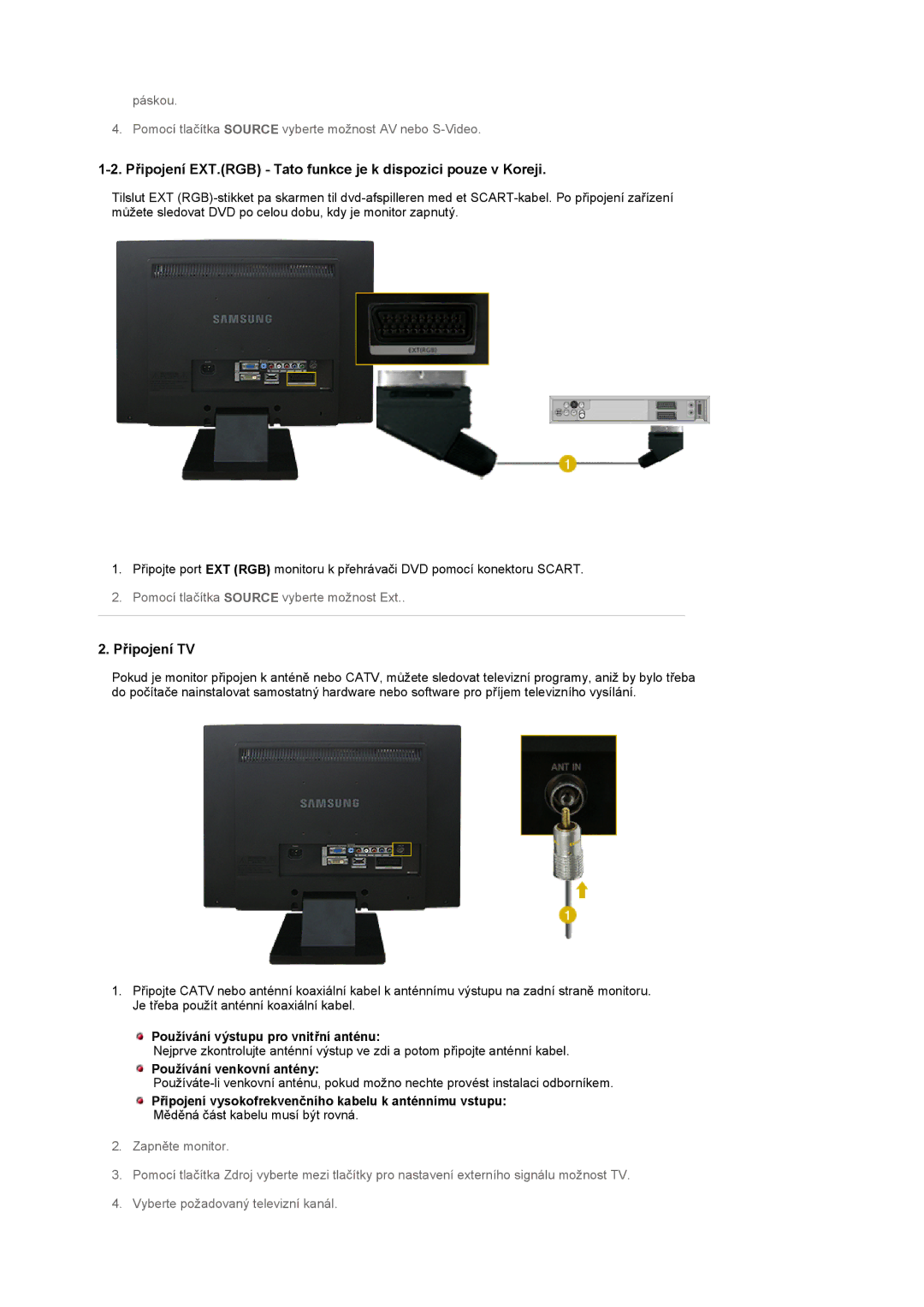 Samsung LS22CRASB/EDC Připojení EXT.RGB Tato funkce je k dispozici pouze v Koreji, Připojení TV, Používání venkovní antény 