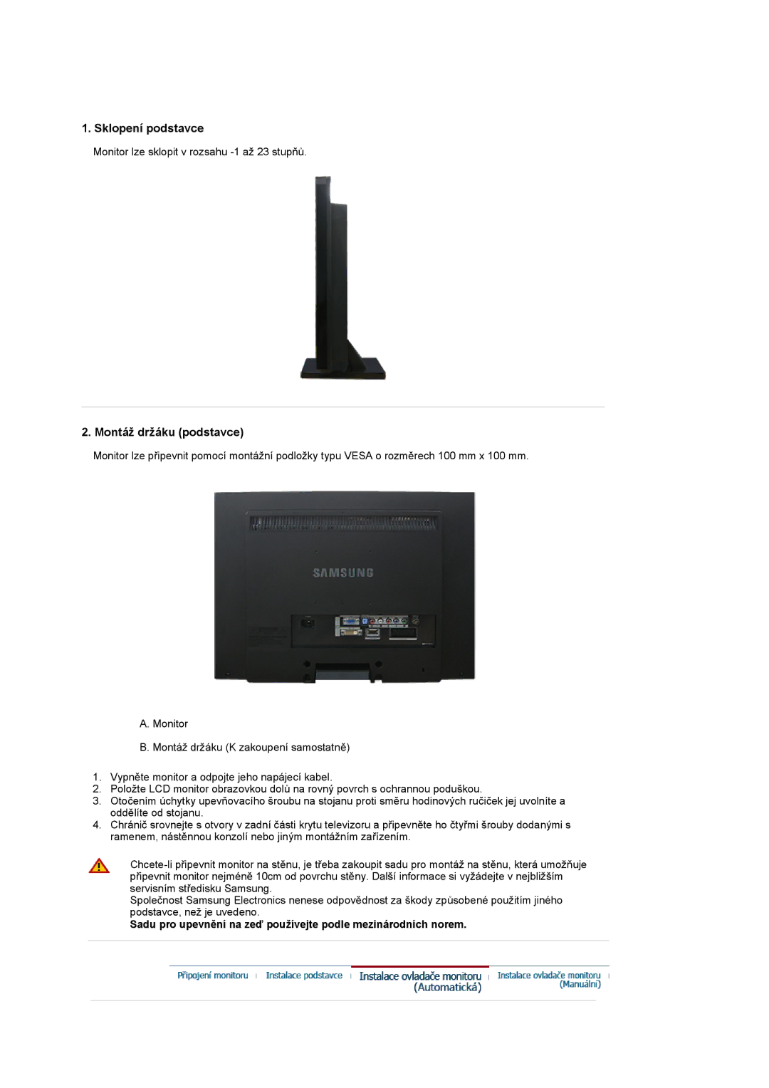 Samsung LS22CRASB/EDC manual Sklopení podstavce, Montáž držáku podstavce 