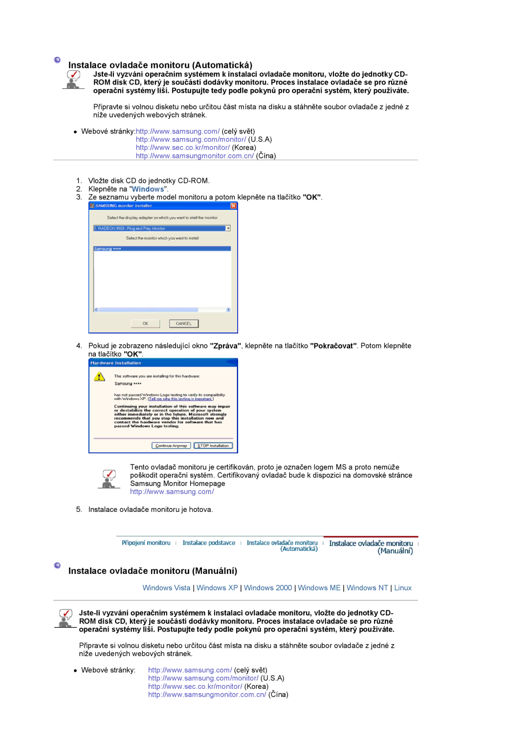 Samsung LS22CRASB/EDC manual Instalace ovladače monitoru Automatická 