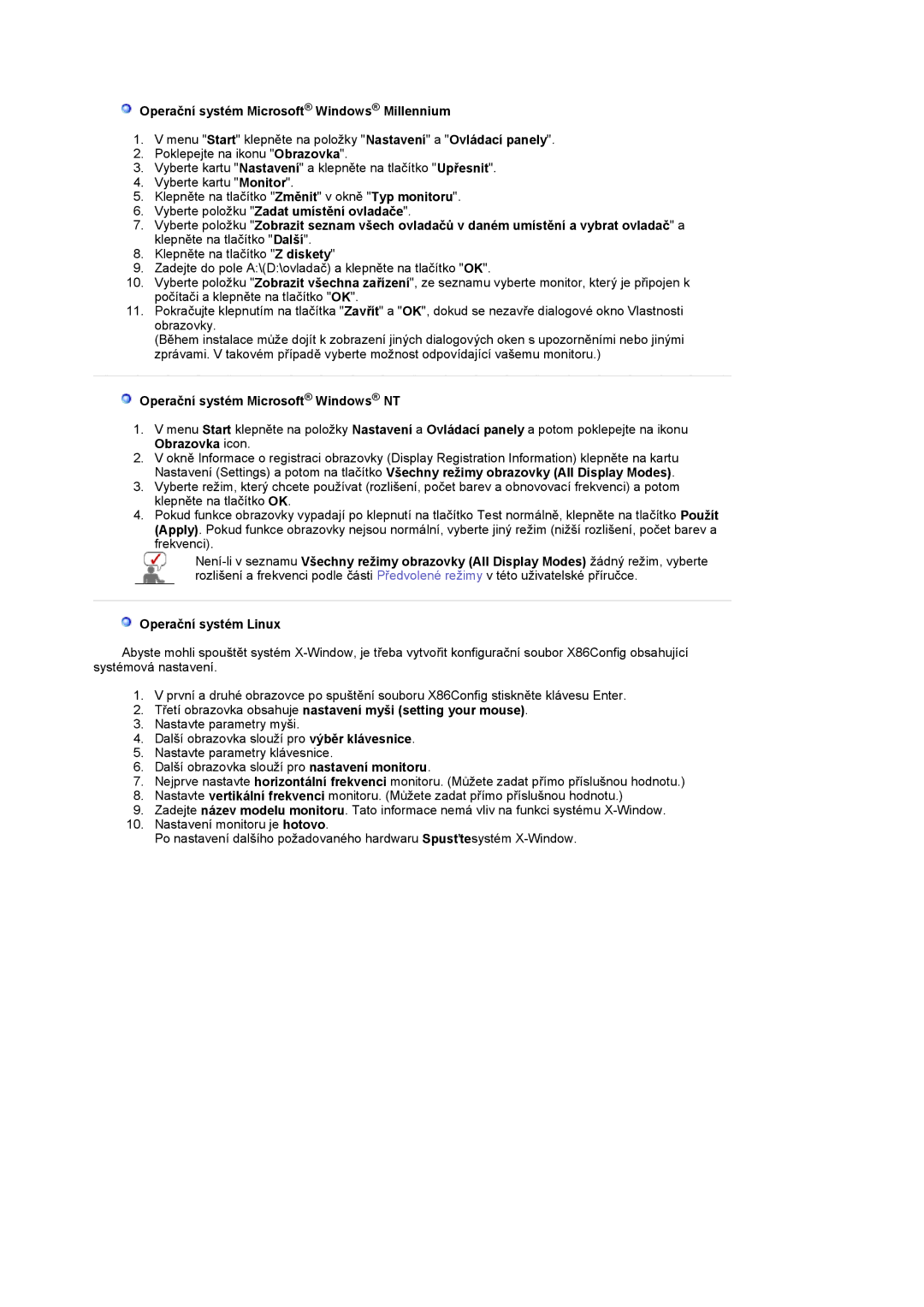 Samsung LS22CRASB/EDC manual Operační systém Microsoft Windows Millennium, Operační systém Microsoft Windows NT 