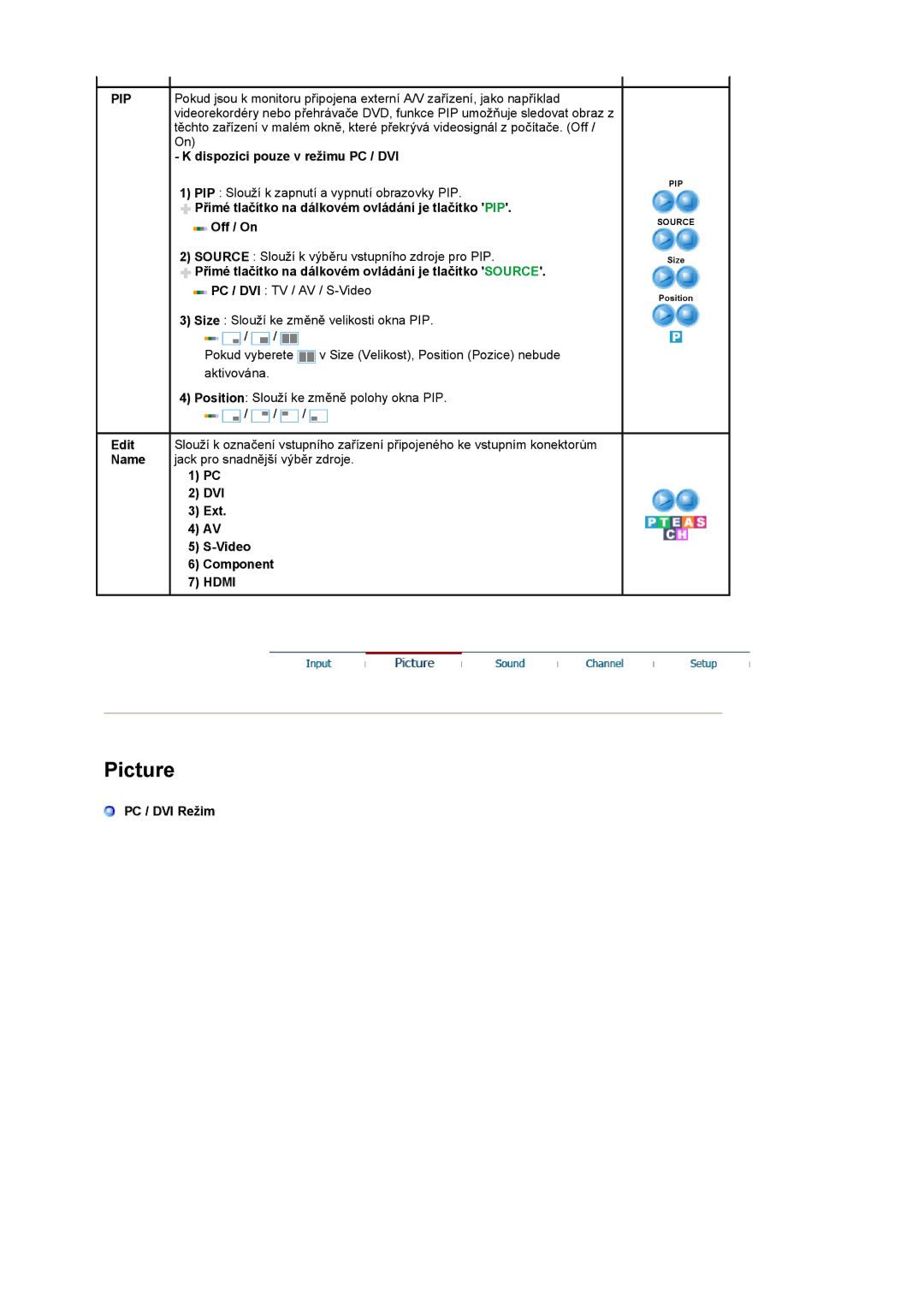 Samsung LS22CRASB/EDC manual Dispozici pouze v režimu PC / DVI, Přímé tlačítko na dálkovém ovládání je tlačítko Source 