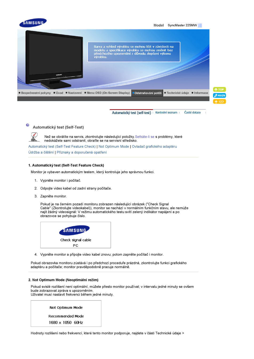 Samsung LS22CRASB/EDC manual Automatický test Self-Test Feature Check, Not Optimum Mode Neoptimální režim 