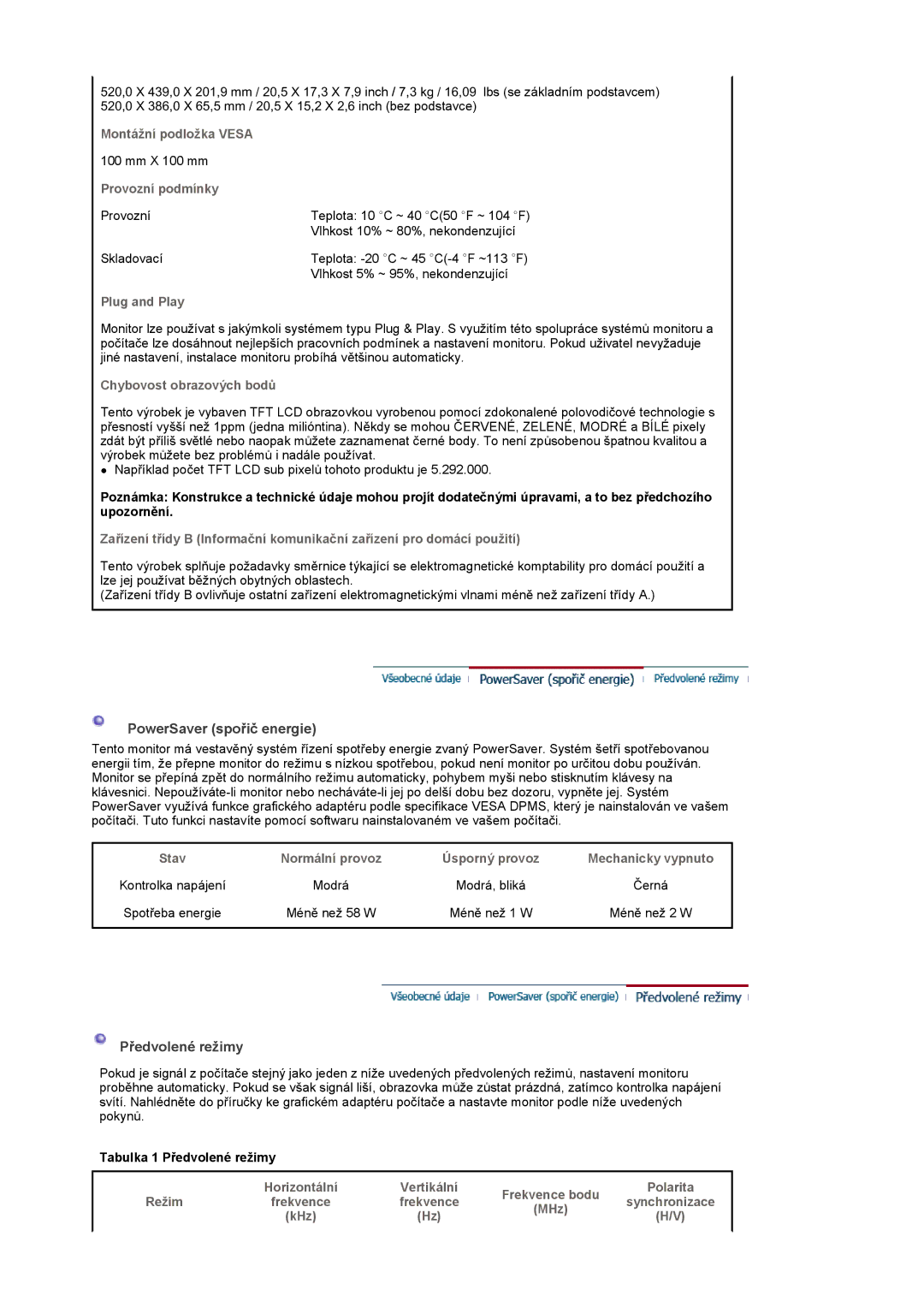 Samsung LS22CRASB/EDC manual PowerSaver spořič energie, Předvolené režimy 