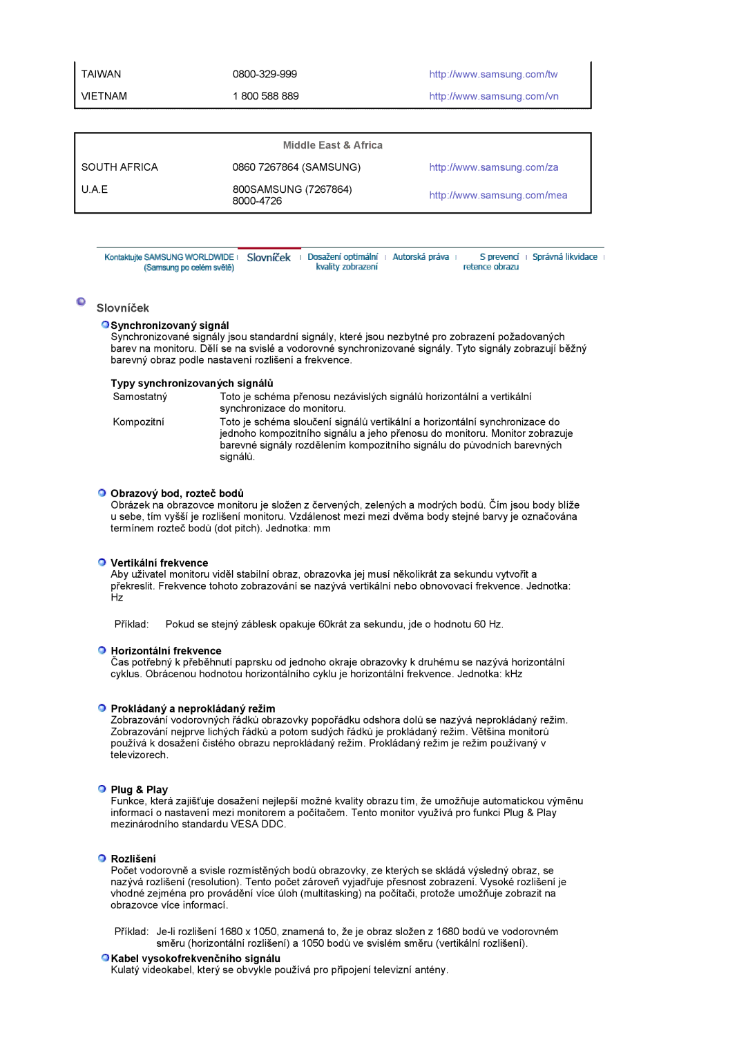 Samsung LS22CRASB/EDC manual Slovníček, Middle East & Africa 