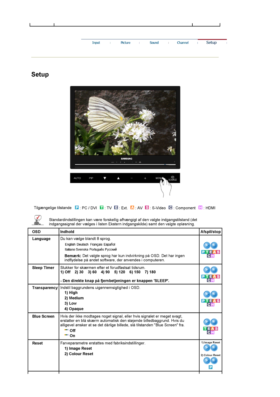 Samsung LS22CRASB/EDC manual Setup, Language Du kan vælge blandt 8 sprog 