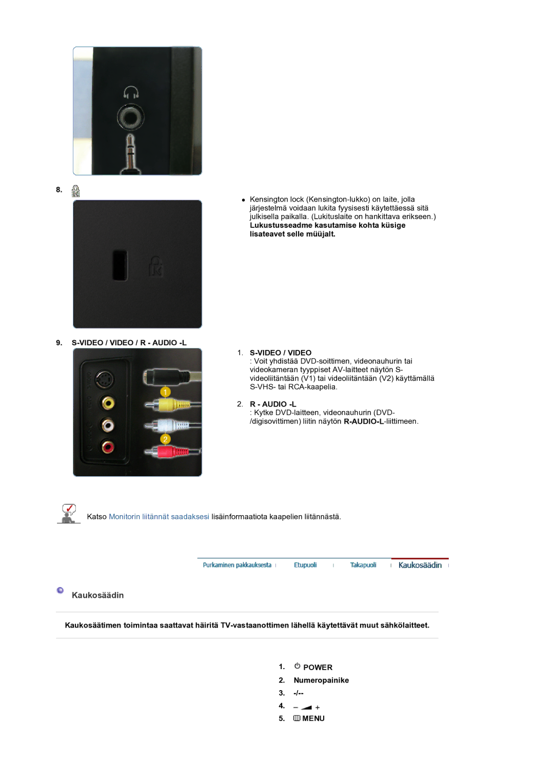 Samsung LS22CRASB/EDC manual Kaukosäädin, Video / Video / R Audio -L 