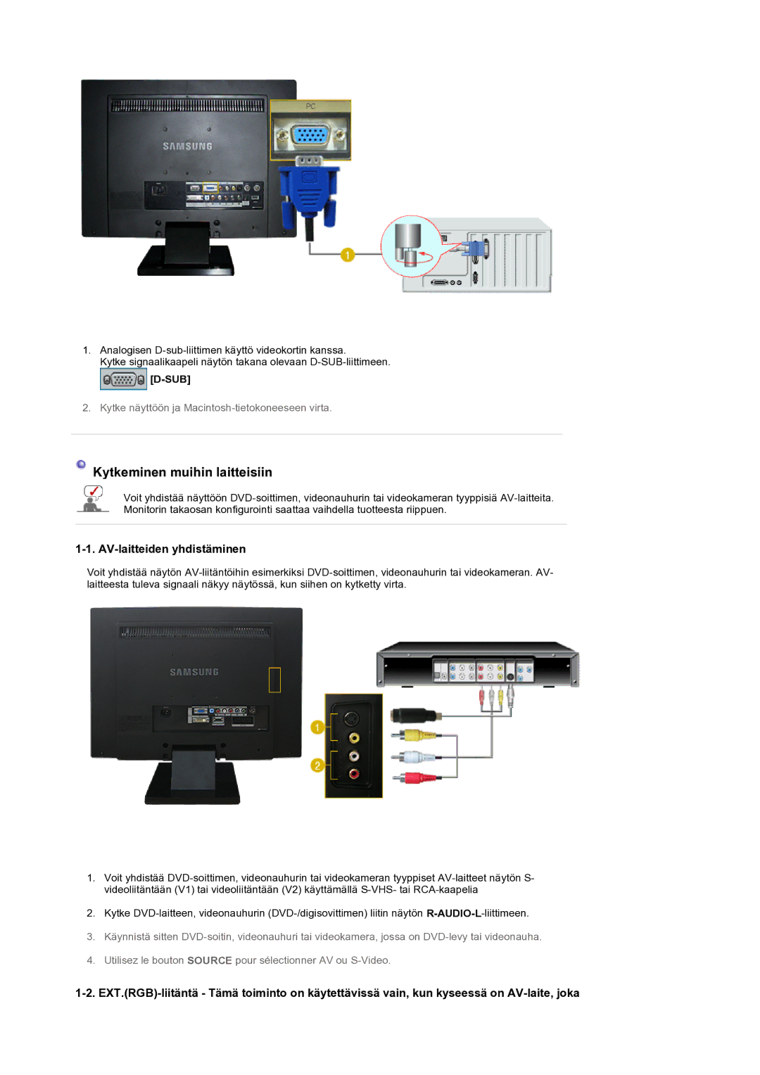 Samsung LS22CRASB/EDC manual Kytkeminen muihin laitteisiin, Sub 