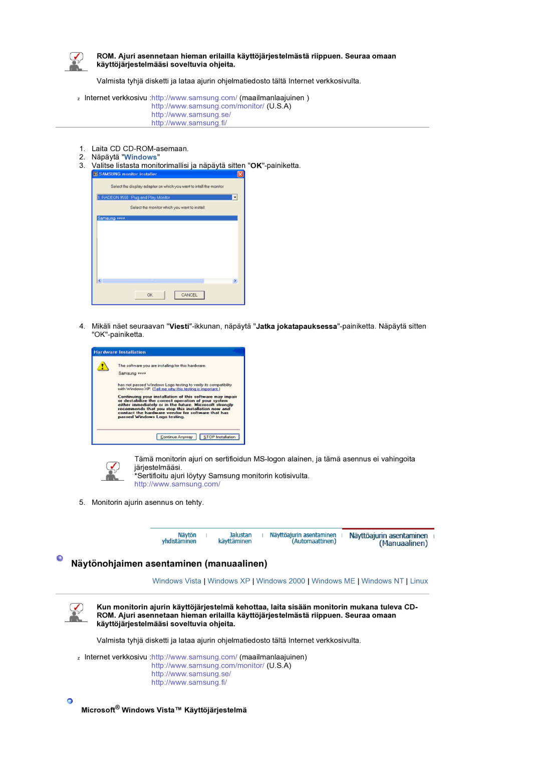 Samsung LS22CRASB/EDC manual Näytönohjaimen asentaminen manuaalinen, Microsoft Windows Vista Käyttöjärjestelmä 