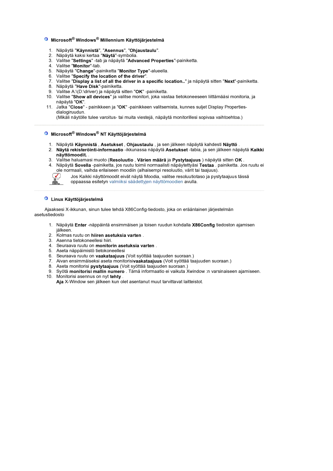 Samsung LS22CRASB/EDC manual Microsoft Windows NT Käyttöjärjestelmä, Linux Käyttöjärjestelmä 